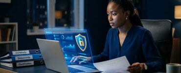 A Nigerian student uploads a certificate beside a laptop with a blue admissions dashboard.