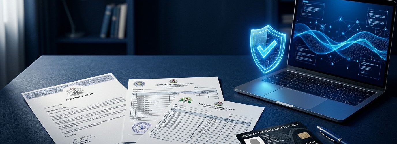 WAEC and NECO documents sit beside a laptop and glowing blue verification shield.