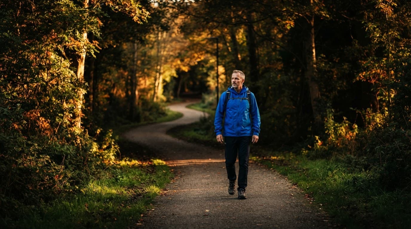 A man walking alone on a sunny park path with strong blue accents.