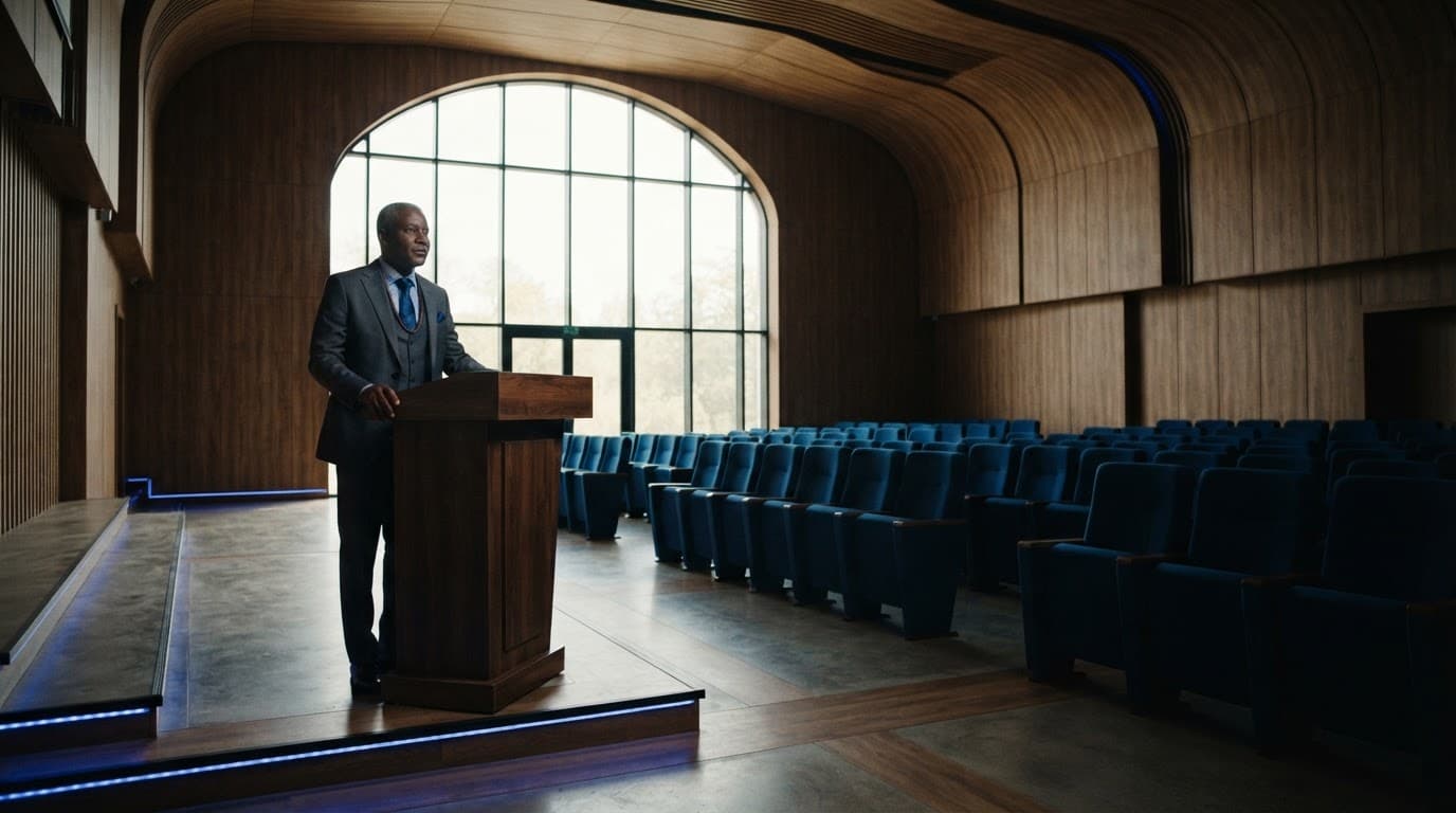 One person stands beside a podium in a blue-lit Nigerian conference hall.