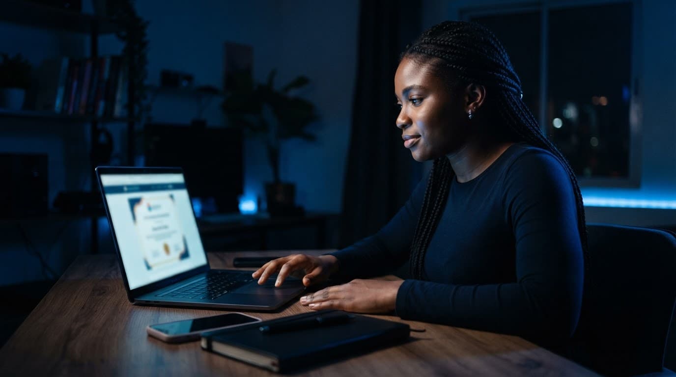Nigerian professional reviewing a blurred certificate on a laptop beside a notebook and phone.