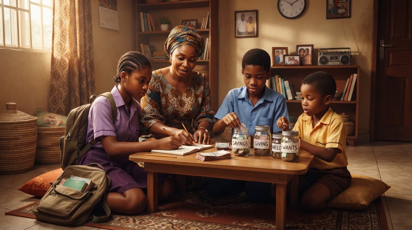 Three children and an adult sort play money beside saving and giving jars.