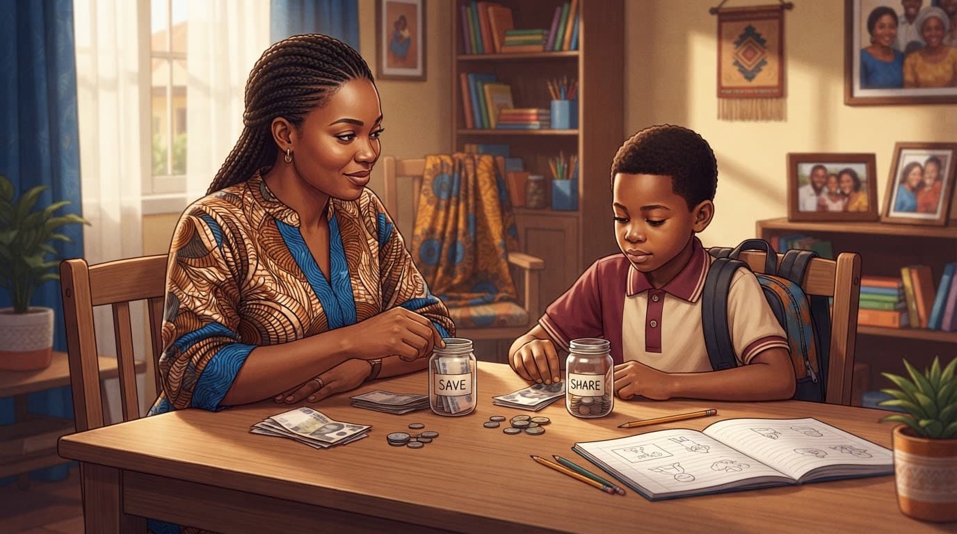 A parent and child sort naira money into three jars at a home table.