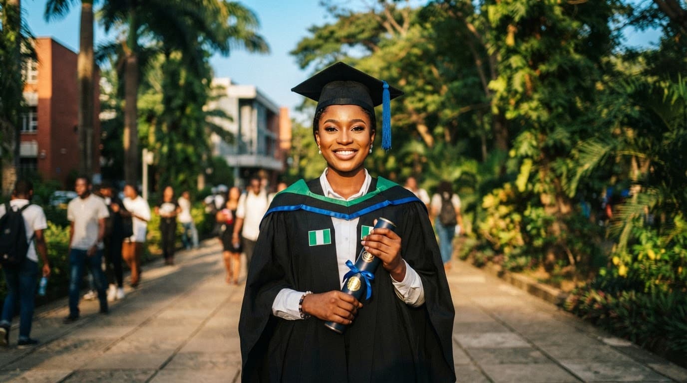 Young Nigerian graduate holding a degree certificate on a sunny campus walkway.