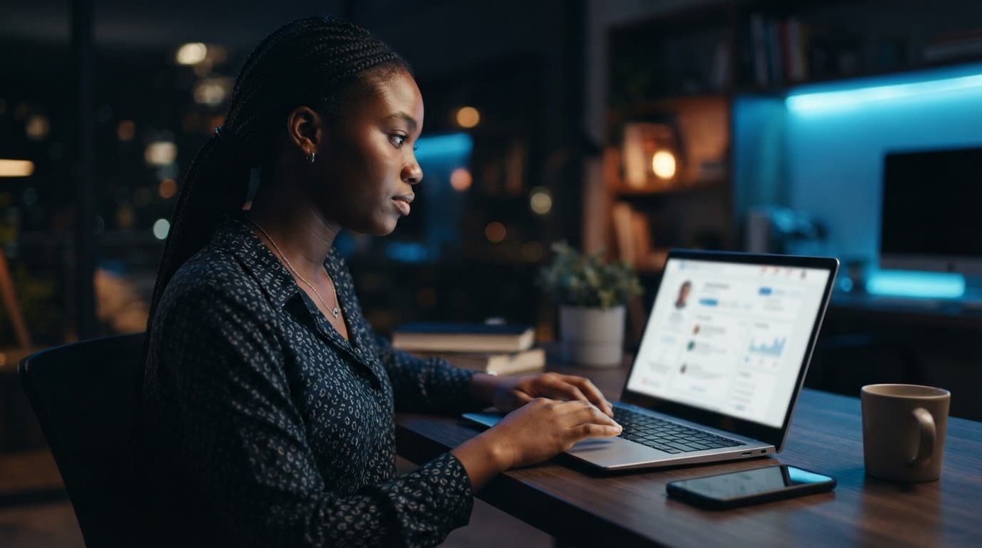 A Nigerian graduate updates a professional profile beside a laptop and phone in blue light.