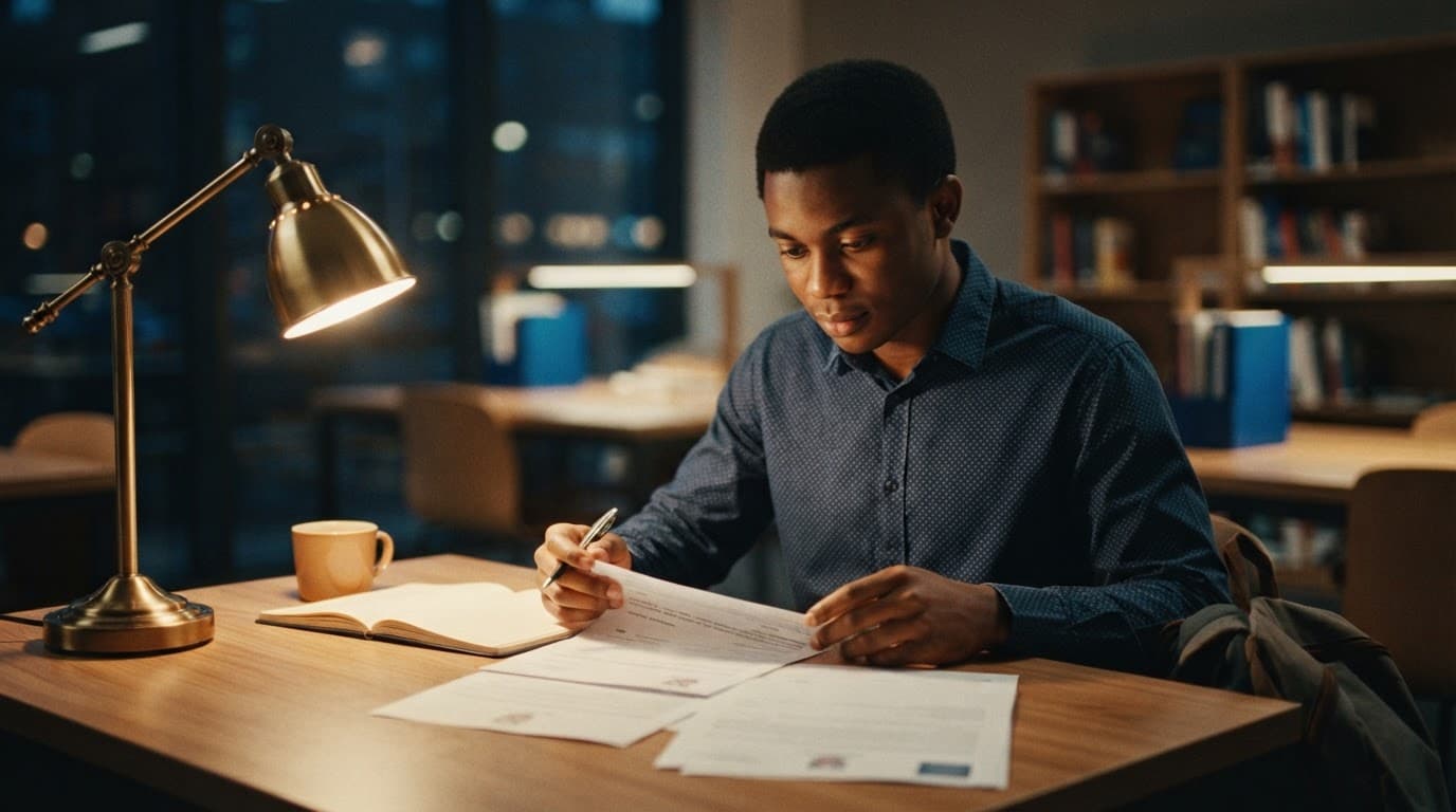 A Nigerian student reviews printed admission papers at a wooden desk under warm light.