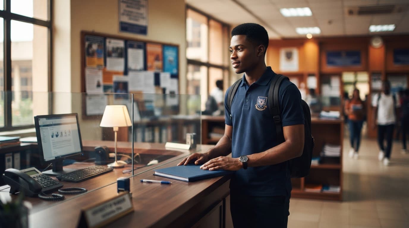 A Nigerian student holds a folder at a university admissions counter.