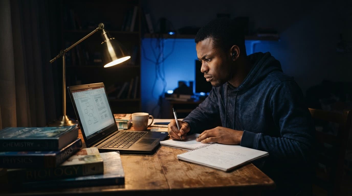 A student studies with a laptop and textbooks under warm and blue lighting.