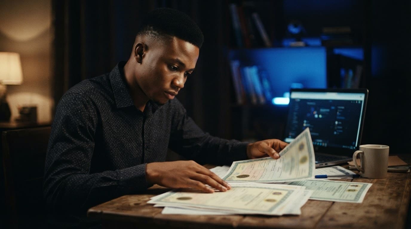 A Nigerian student reviews certificates and documents at a desk with a laptop behind them.