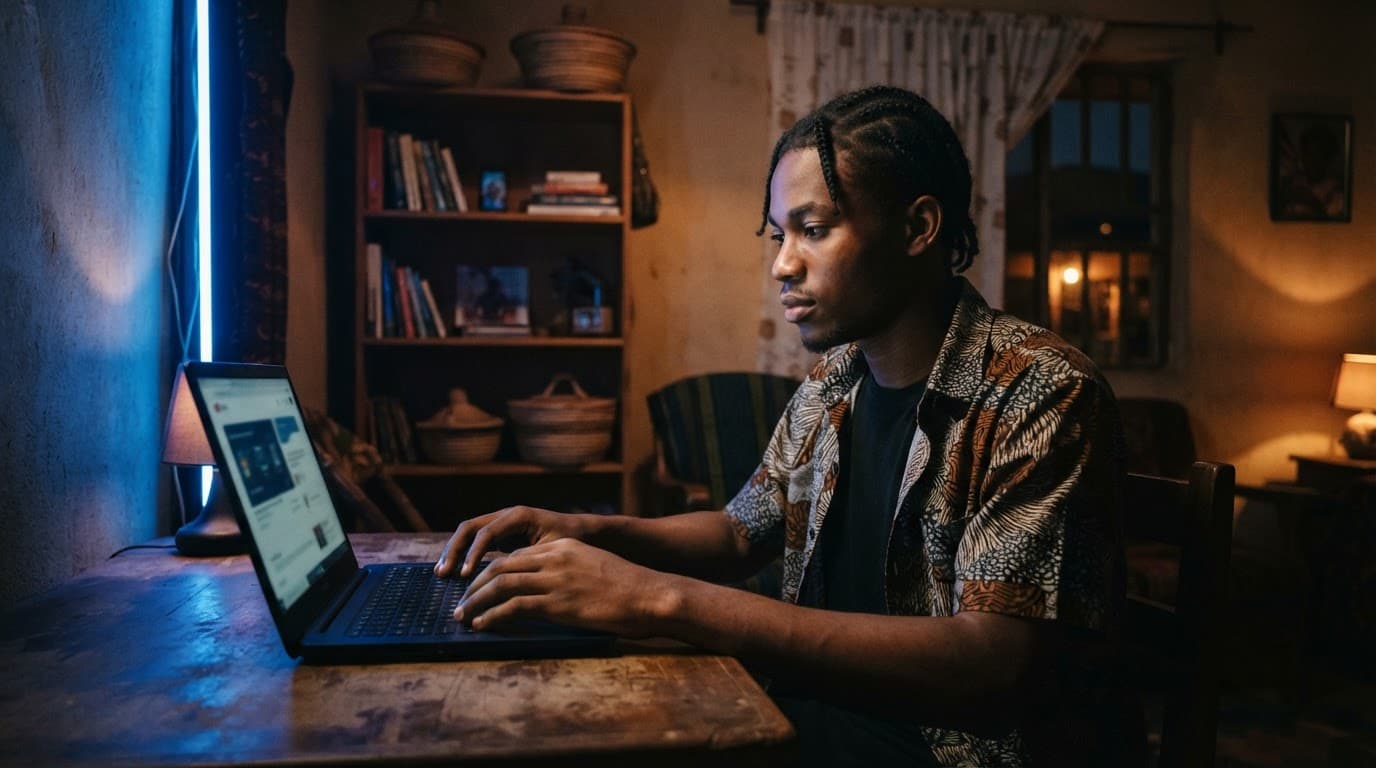 A Nigerian student studies online at a laptop in a blue-lit home room.