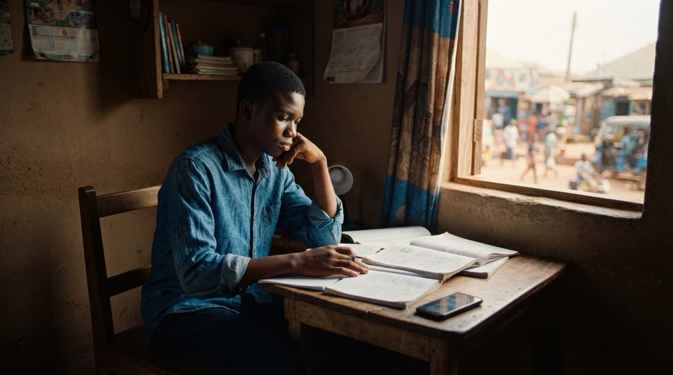 A Nigerian teenager studies beside open books and a face-down phone near a window.