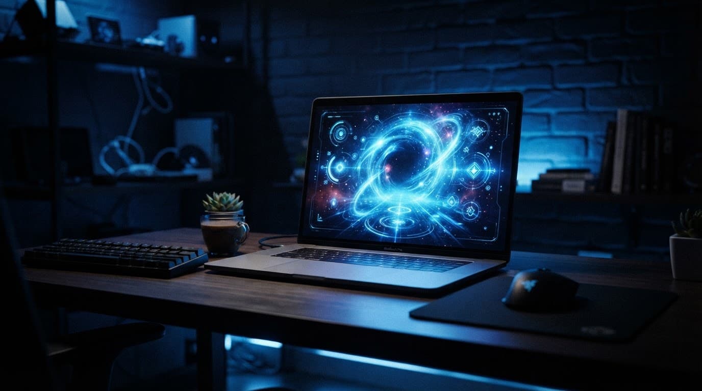 Laptop showing a glowing portal interface on a modern desk with blue lighting.