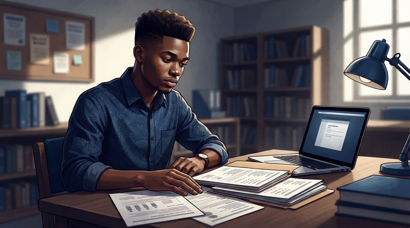 A Nigerian student reviews academic papers and an application folder beside a laptop.
