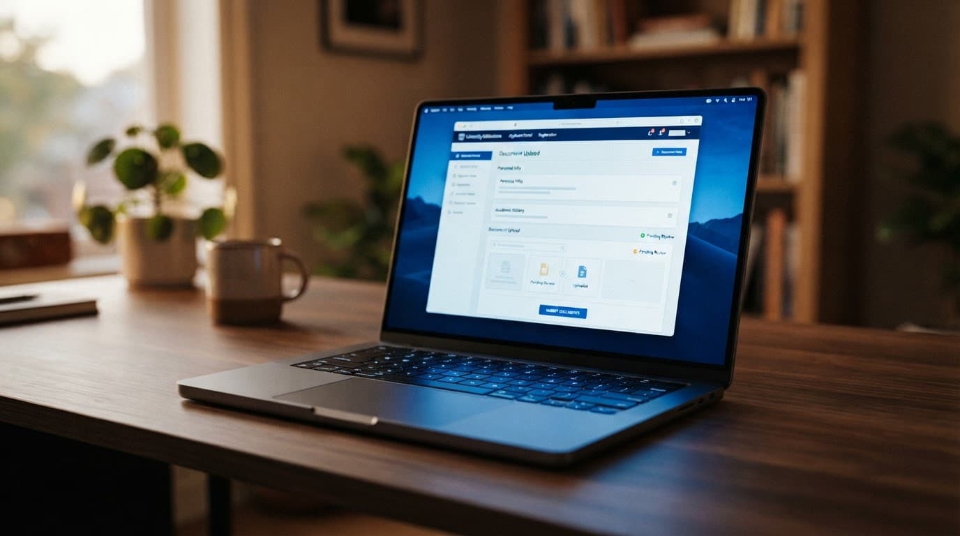 Laptop showing an indistinct university admission portal on a clean desk.