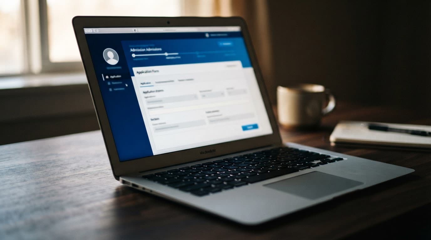 Laptop displaying a blue university admissions portal on a clean desk.