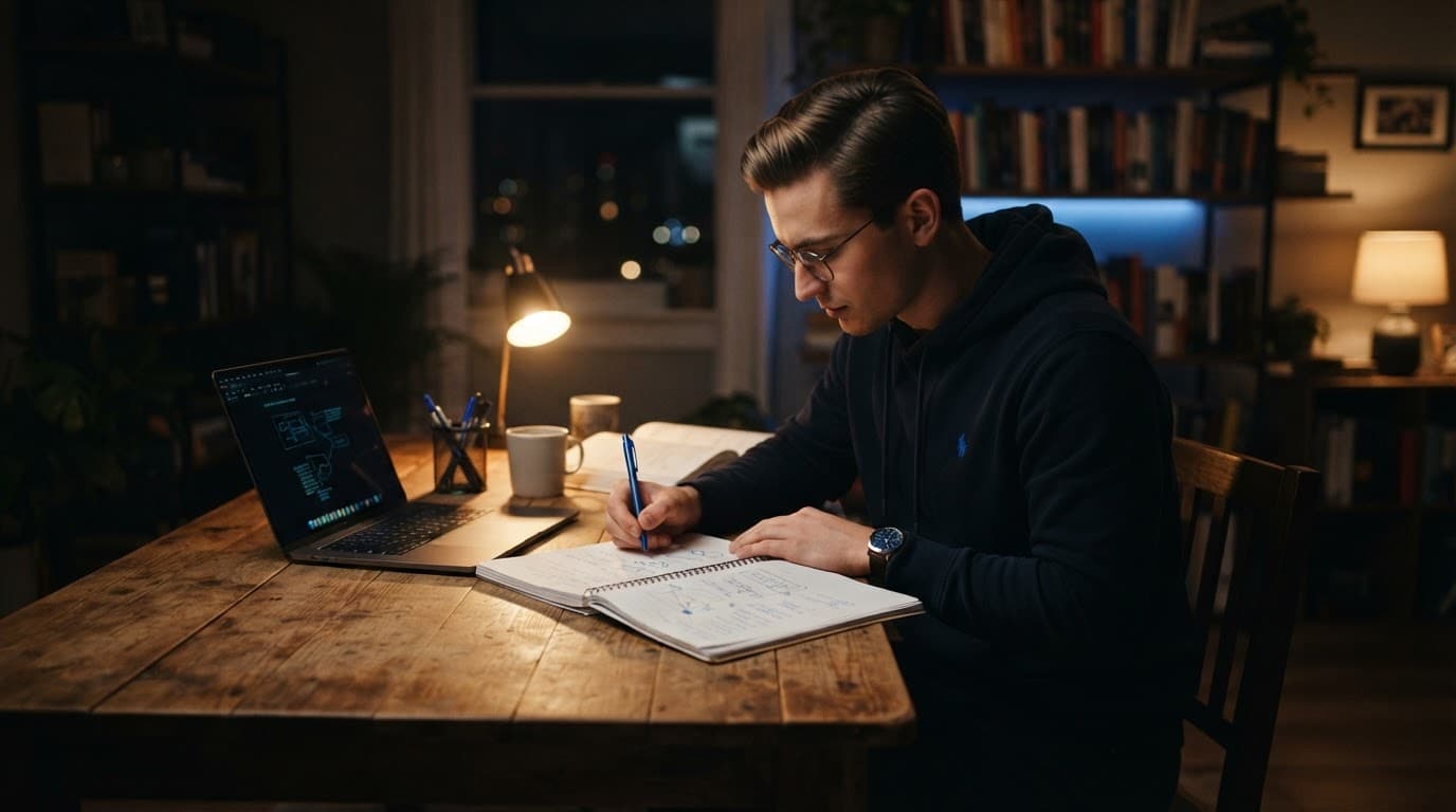 A student studies with a notebook and laptop at a wooden desk.