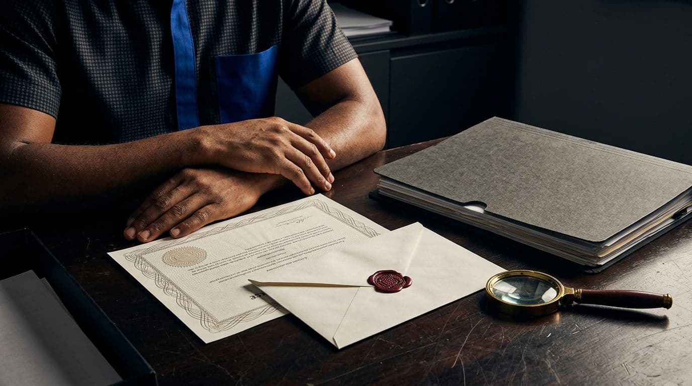 Hands beside a sealed certificate envelope, embossed paper, magnifying glass, and records folder.