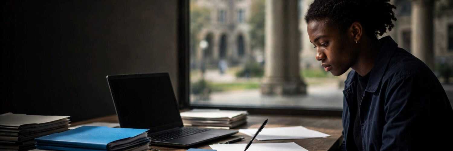 A student reviews exam records beside a laptop and appeal folder.