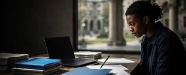 A student reviews exam records beside a laptop and appeal folder.