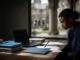 A student reviews exam records beside a laptop and appeal folder.