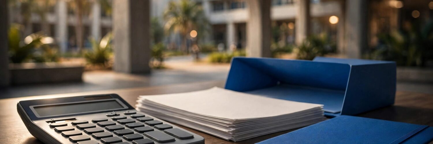 Calculator and admission documents arranged on a desk with a blurred university campus behind.