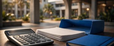 Calculator and admission documents arranged on a desk with a blurred university campus behind.