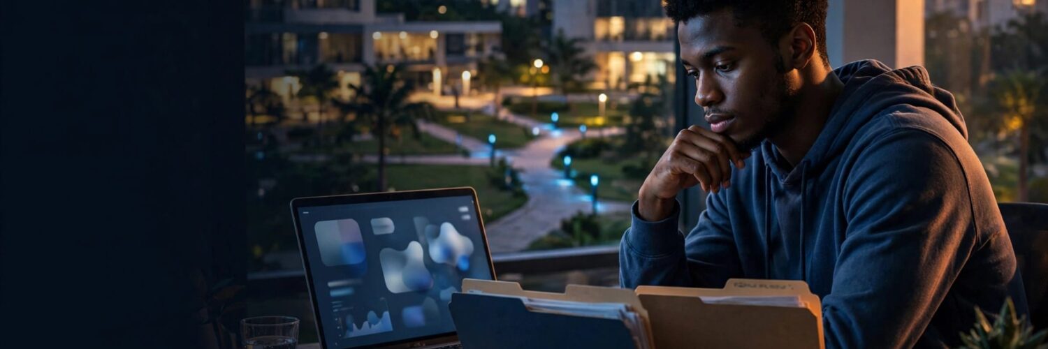 A student compares admission folders beside a laptop overlooking a university campus.