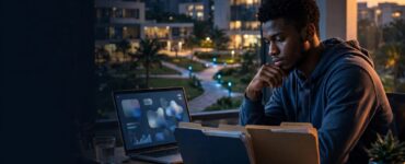 A student compares admission folders beside a laptop overlooking a university campus.