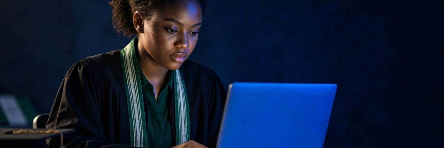 Nigerian graduate reviewing an eligibility record on a laptop beside a graduation cap.
