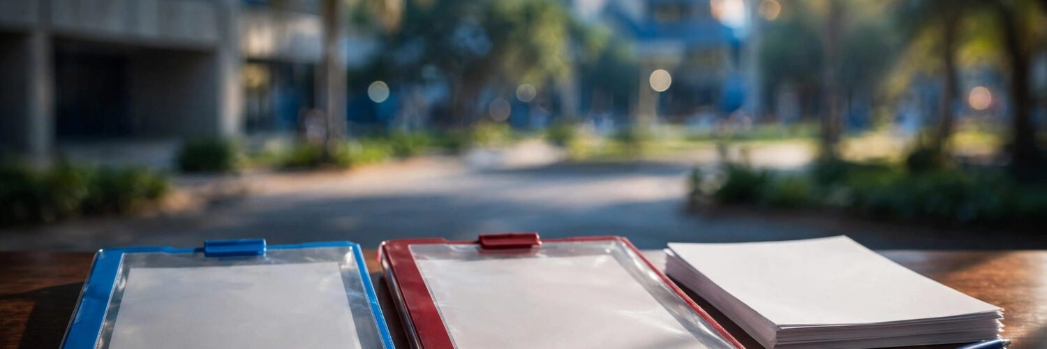 Blue and red exam result folders beside a university application and pen.