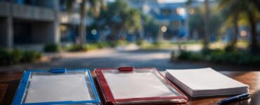 Blue and red exam result folders beside a university application and pen.