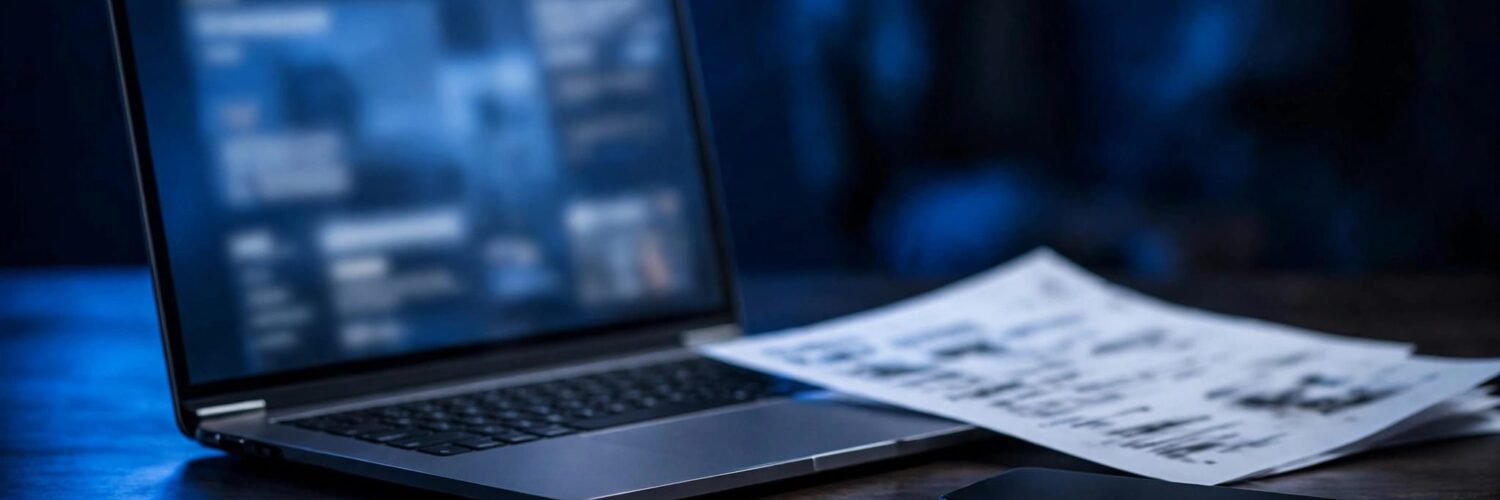 Laptop and blurred admission document arranged on a blue-lit desk.