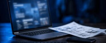 Laptop and blurred admission document arranged on a blue-lit desk.