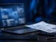 Laptop and blurred admission document arranged on a blue-lit desk.