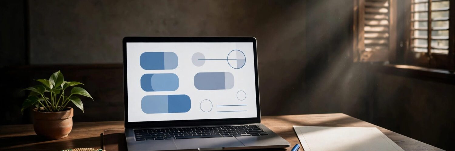 A laptop, blank certificate, and pen arranged on a desk with blue accents.