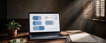 A laptop, blank certificate, and pen arranged on a desk with blue accents.