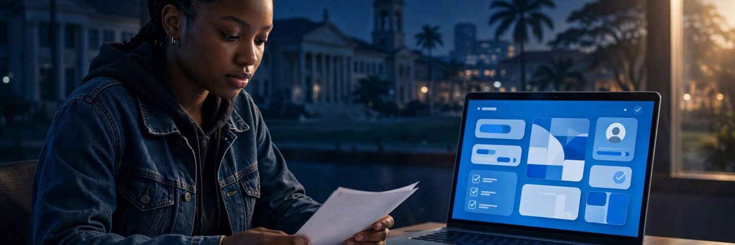 Nigerian student reviewing admission documents beside a laptop on a university-themed desk.