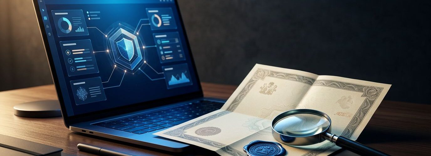 Laptop, Nigerian certificate, seal, and magnifying glass arranged on a desk.