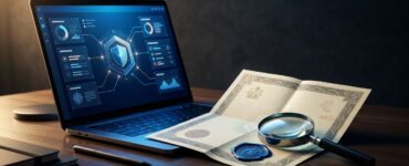 Laptop, Nigerian certificate, seal, and magnifying glass arranged on a desk.