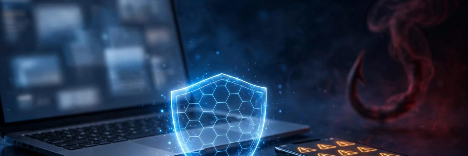 Laptop and phone showing payment security warnings beside a glowing blue shield.