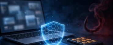 Laptop and phone showing payment security warnings beside a glowing blue shield.
