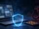 Laptop and phone showing payment security warnings beside a glowing blue shield.