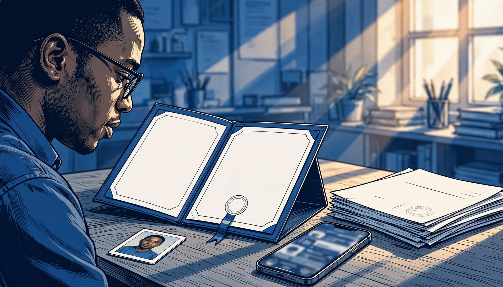 A graduate reviews documents beside a passport photo, certificate folder, and smartphone.