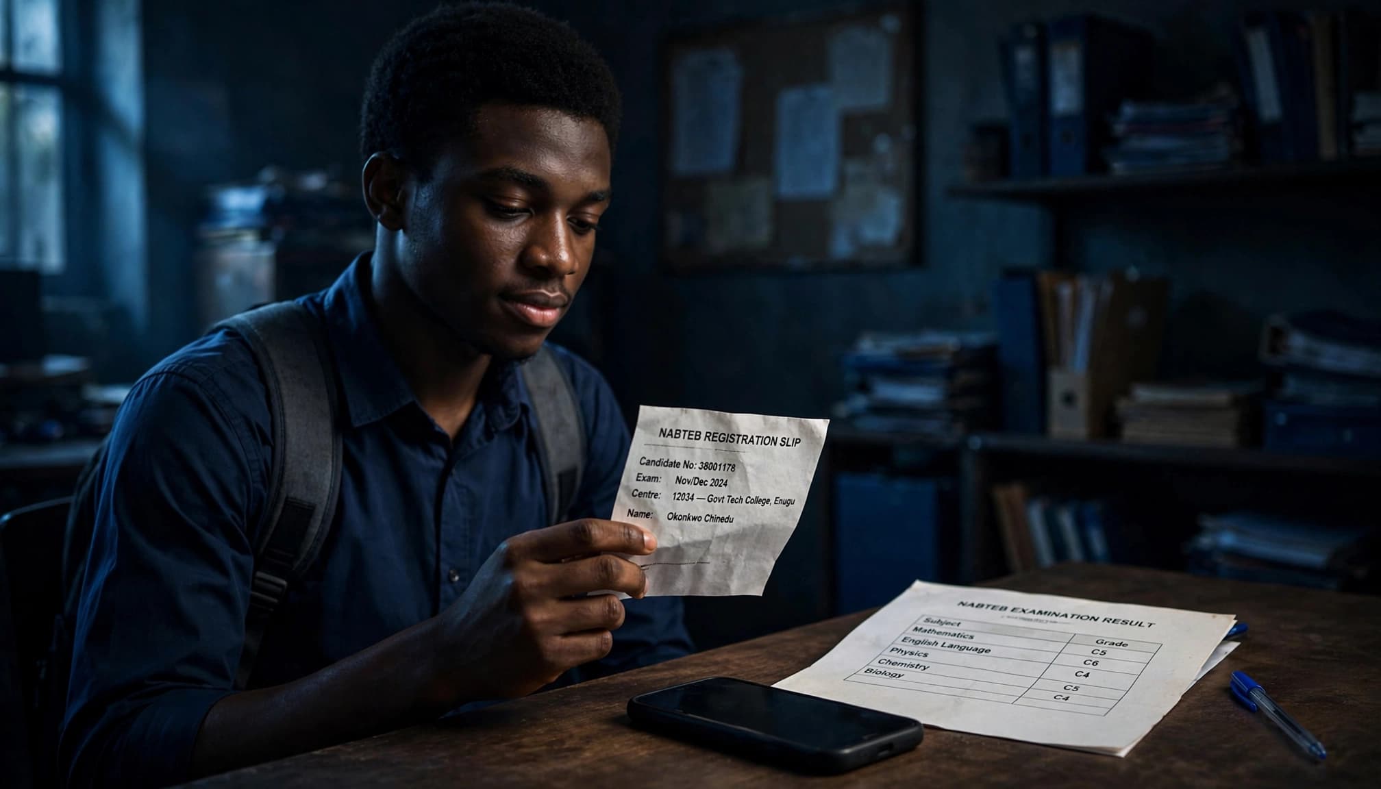 A Nigerian student holds a registration slip beside a phone and printed exam result.