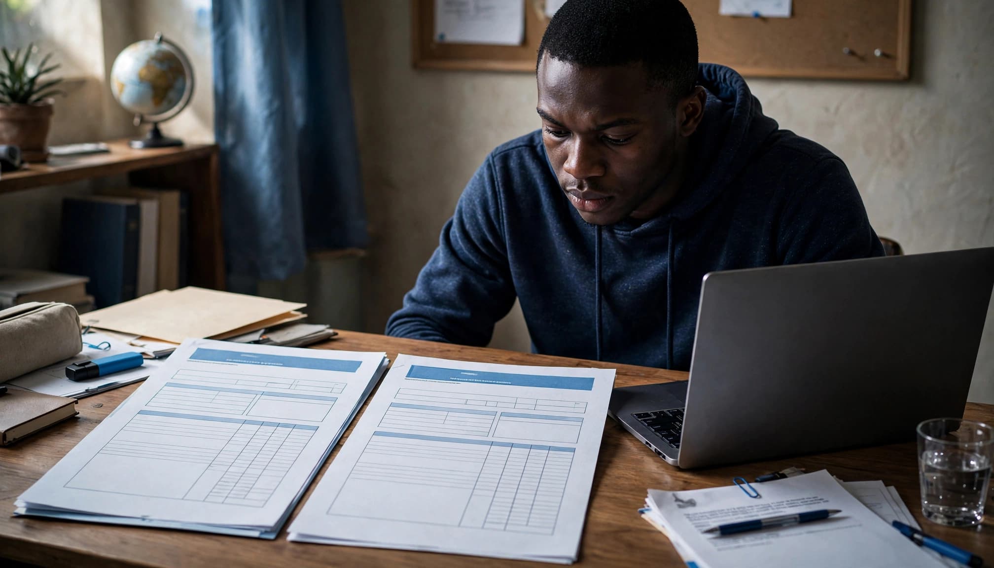 One applicant reviews two exam result documents beside a laptop.