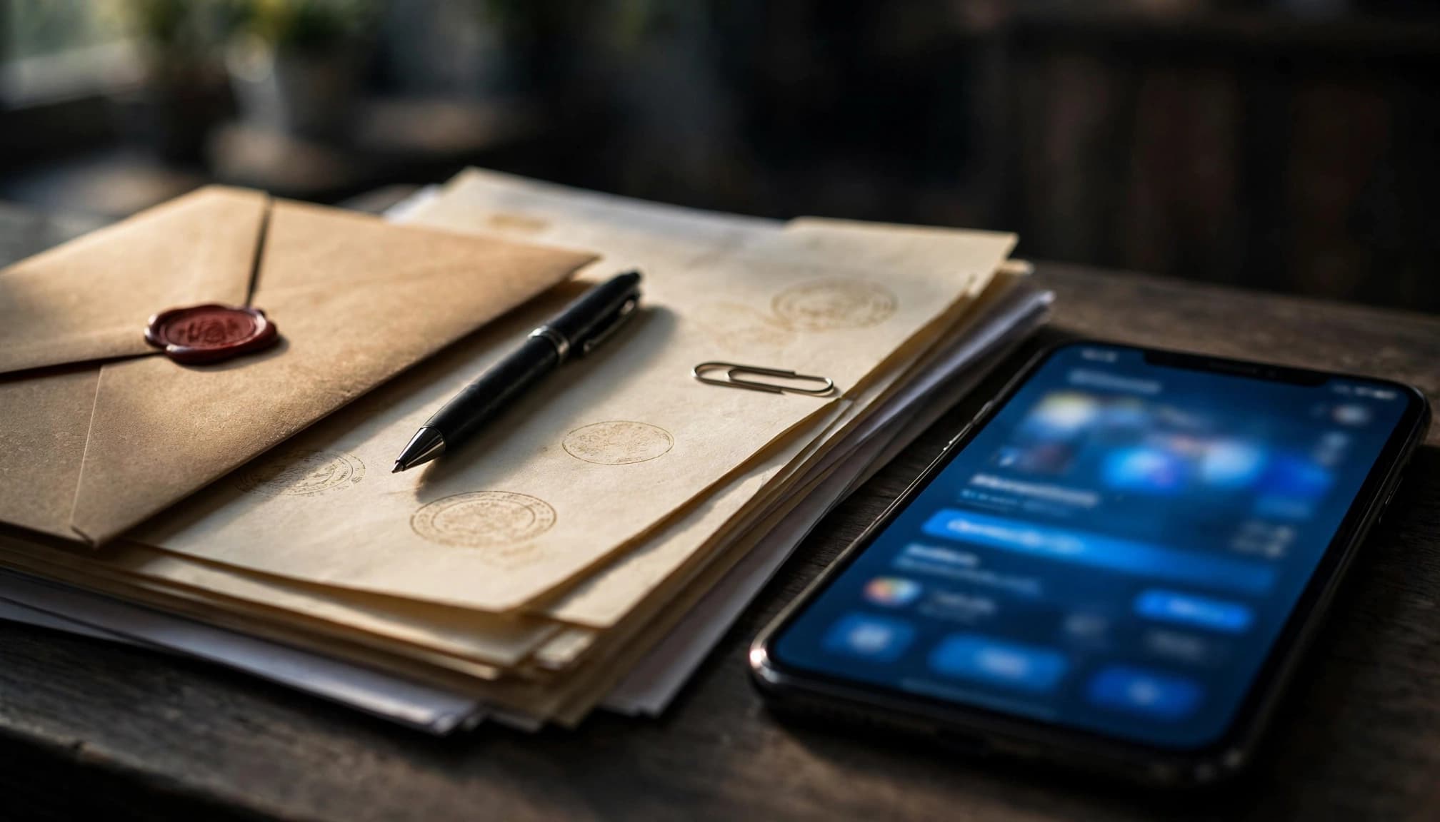 Registration papers, a sealed folder, and one phone rest on a counter.