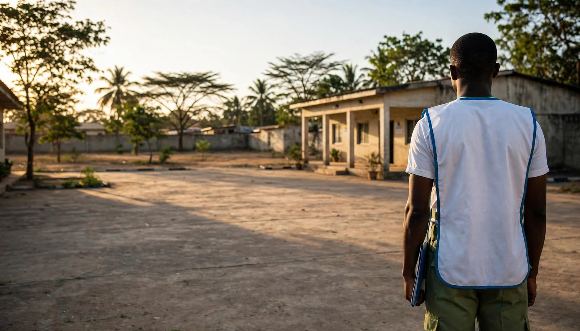 A corps member with a blue folder stands outside a modest public building.