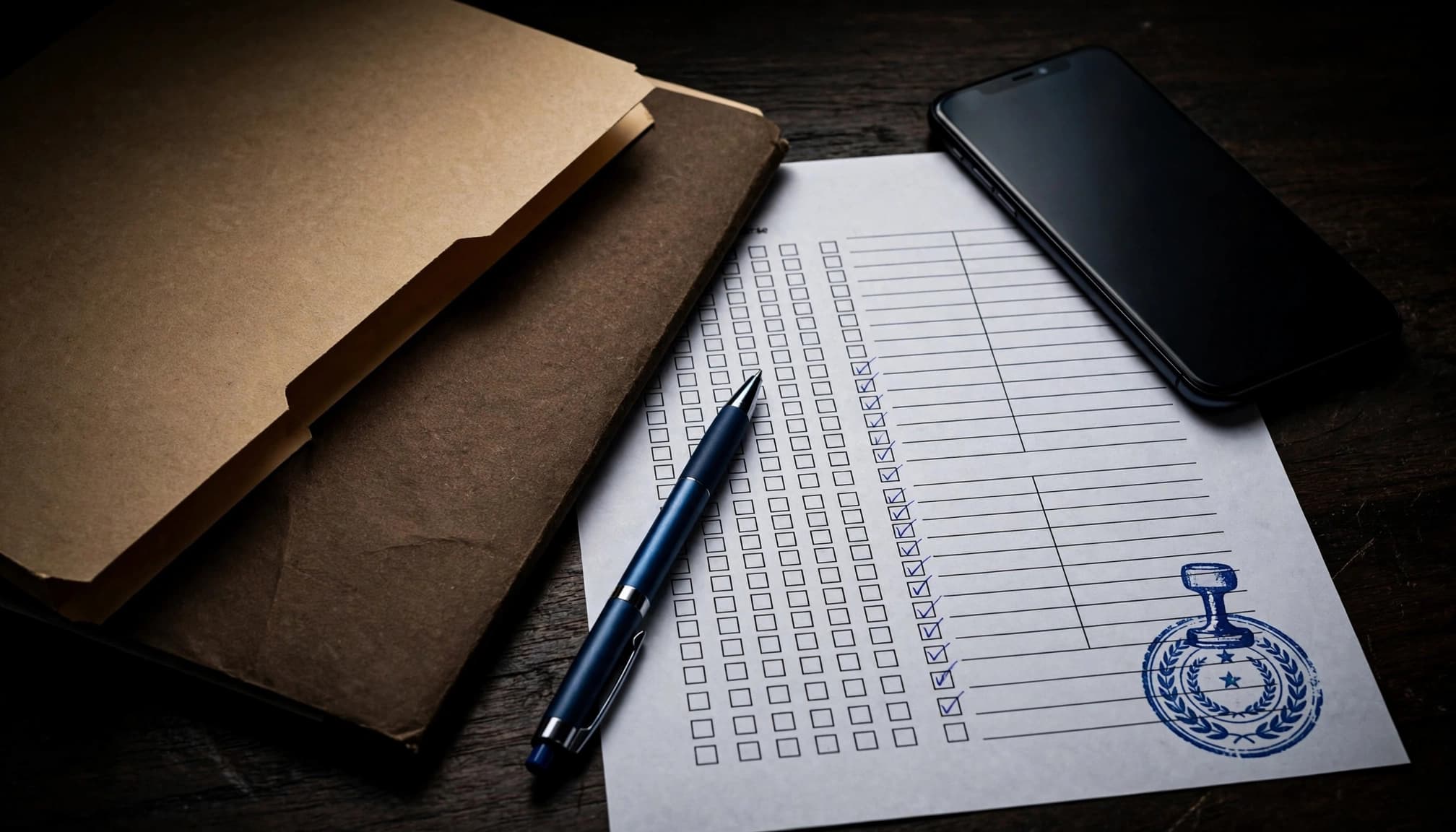 University application materials and a course checklist beside a verification stamp on a dark table.