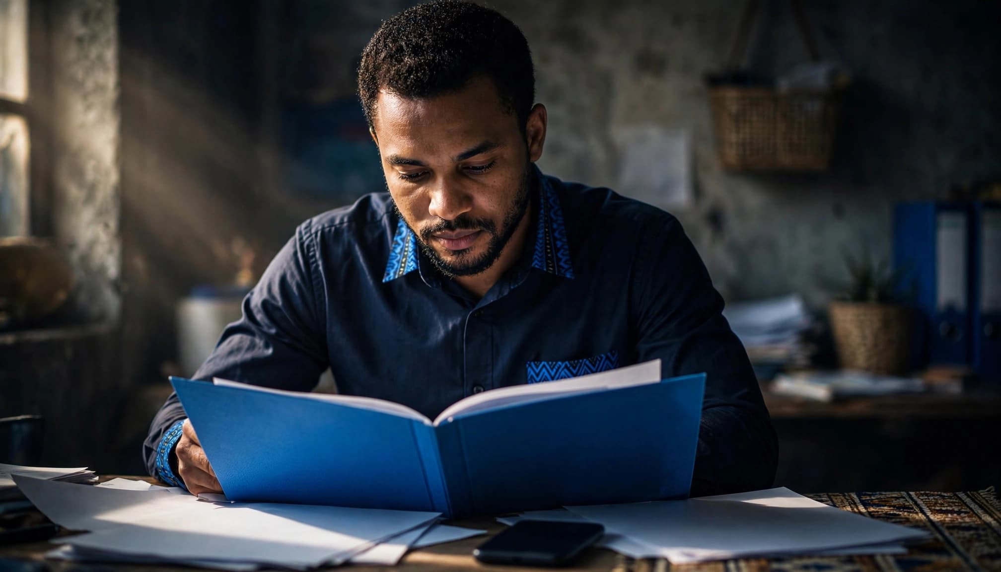 A Nigerian founder reviews papers beside a smartphone and folder.