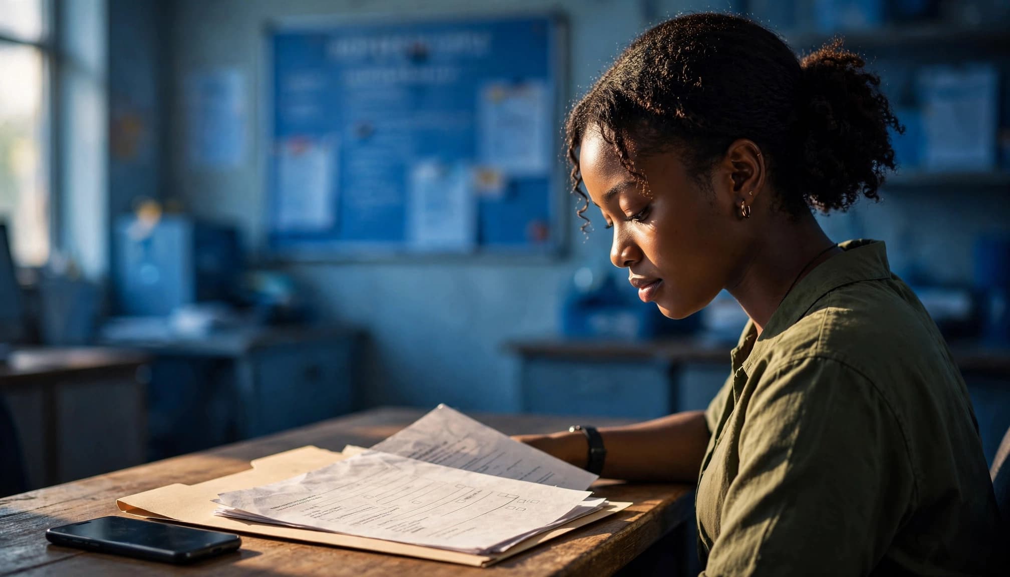 A student reviews admission papers and a course-change form at an office counter.